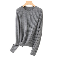 Damen Kuscheliger Zopfstrick-Pullover aus Feinstrick mit Rundhalsausschnitt Nord Taschen - Koreanisches Grau