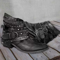 Damen Western Stiefeletten mit Schnallenriemen und Ketten - Schwarz