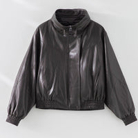 Damen Oversized Lederimitat-Bomberjacke mit Stehkragen und elastischem Saum Nord Taschen - Mokkabraun