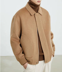 Herren Boxy Wollmix-Zipjacke mit verdeckter Knopfleiste und runden aufgesetzten Taschen Nord Taschen - Khaki