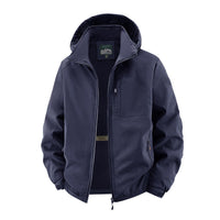 Herren Softshelljacke im Tactical-Stil mit versteckter Kapuze und Brusttasche - Dunkelblau