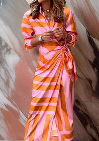 Olivia | Damen Bedrucktes Taillenbetonendes Hemdblusenkleid – Print Shirtdress - Orange