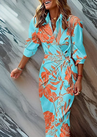 Olivia | Damen Bedrucktes Taillenbetonendes Hemdblusenkleid – Print Shirtdress - Turquoise