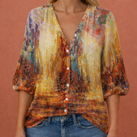 Bedruckte Bluse mit V-Ausschnitt und Knopfverschluss für Damen | Mireya - Orange