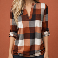 Karierte V-Ausschnitt-Bluse für Damen mit langen Ärmeln und Umschlagmanschetten | Zafira - Orange