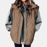 Damen Weste mit Knöpfen und Taschen, Kapuze - Blasskhaki