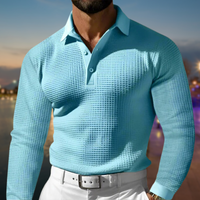 Herren T-Shirt - Rekken Fit Polo mit langen Ärmeln und Waffeltextur | Elegant - Hellblau