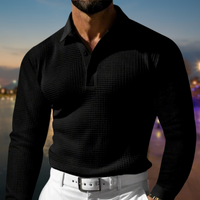 Herren T-Shirt - Rekken Fit Polo mit langen Ärmeln und Waffeltextur | Elegant - Schwarz