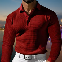 Herren T-Shirt - Rekken Fit Polo mit langen Ärmeln und Waffeltextur | Elegant - Rot