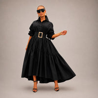 Midikleid Annelie™ mit Hemdkragen, weiten Ärmeln und fließendem Schnitt - Schwarz