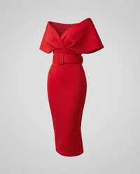 Damen Professionelle Schalkragen Midikleid - Rot