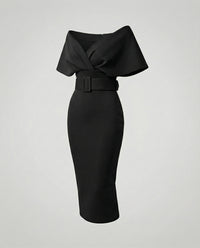Damen Professionelle Schalkragen Midikleid - Schwarz