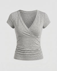 Damen tailliertes Oberteil mit elegantem Wickeldesign und V-Ausschnitt - Grau