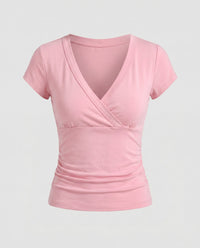 Damen tailliertes Oberteil mit elegantem Wickeldesign und V-Ausschnitt - Himbeere