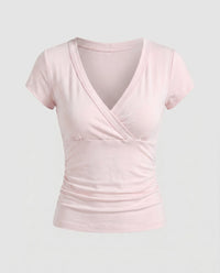 Damen tailliertes Oberteil mit elegantem Wickeldesign und V-Ausschnitt - Pink