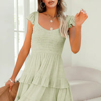 Damen Sommerkleid Rüschen Kurzes Luftiges Freizeitkleid - Limettengrün