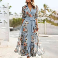 Vanessa | Damen Boho Maxikleid V-Ausschnitt Schleife – Boho Maxi Schleife - Blau