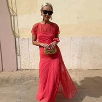 Athen™ Maxikleid mit kurzen transparenten Ärmeln und Stufenrock - Rot