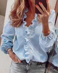Nathalie | Damen Rüschenbesatz Kappärmel Bluse – Rüschen Bluse Kappärmel 2026 - Blau