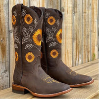 Sophie | Damen Bestickte Wadenhoher Cowboy Stiefel - Dunkelbraun