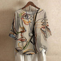 Damen Vintage Bedruckt Kurzarm Bluse - Beige