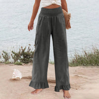 Hose Alva™ aus Leinen-Baumwoll-Mix mit hohem Smokbund und Volantsaum - Grau