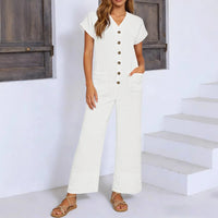 Cannes™ Jumpsuit mit Knopfleiste vorn und V-Ausschnitt - Weiß