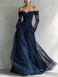 Eleonora | Damen Langes Kleid Schulterfrei Mesh Einsätze – Schulterfrei Mesh Maxi - Blau