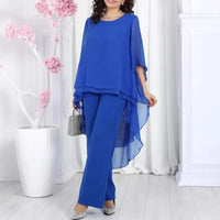 Aurevielle™ Set Mit Asymmetrischer Bluse in Lagenoptik und Weiter Pantalonhose - Blau