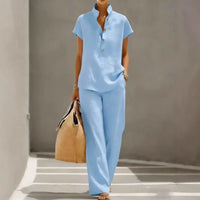 Marelisse™ Set aus leichtem und atmungsaktivem Stoff mit lockerer Bluse und weiter Hose - Himmelblau