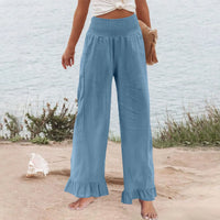 Hose Alva™ aus Leinen-Baumwoll-Mix mit hohem Smokbund und Volantsaum - Hellblau