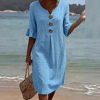 Liora™-Kleid aus Baumwollleinen mit Knöpfen Vorne und Lockerem Schnitt - Blau