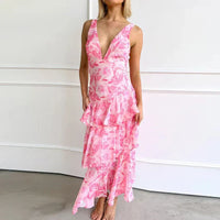 Xavryna | Damen Florales Gestuft Maxikleid Tiefer V-Ausschnitt – Gestuft Floral Maxi - Pink
