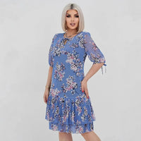 Évelyne™-Kleid mit Zartem Blumenmuster und 3/4-Ärmeln - Blau