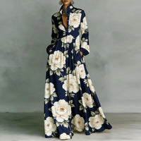 Sienna | Damen Florales Knopf Maxikleid – Blumen Knopfleiste Maxi Kleid - Navy Blue