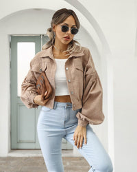 Sofia | Damen Cropped Jacke mit Taschen und Knöpfen - Khaki