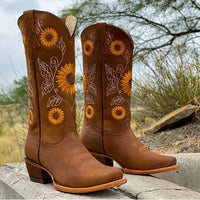Sophie | Damen Bestickte Wadenhoher Cowboy Stiefel - Braun