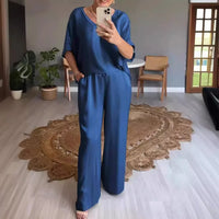 Marevielle™ Set Aus Satinartigem Stoff Mit Lockerer Bluse und Fließender Pantalonhose - Blau