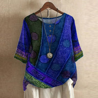 Damen Vintage Bedruckt Kurzarm Bluse - Blau Violett