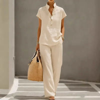 Marelisse™ Set aus leichtem und atmungsaktivem Stoff mit lockerer Bluse und weiter Hose - Khaki
