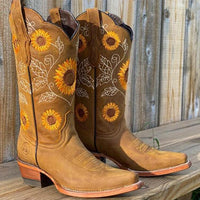 Sophie | Damen Bestickte Wadenhoher Cowboy Stiefel - Khaki
