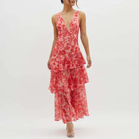 Xavryna | Damen Florales Gestuft Maxikleid Tiefer V-Ausschnitt – Gestuft Floral Maxi - Red