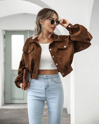 Sofia | Damen Cropped Jacke mit Taschen und Knöpfen - Kastanienbraun