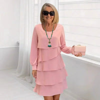 Margaret | Damen Elegantes Komfort Rüschenkleid Langarm – Langarm Rüschen Kleid - Pink