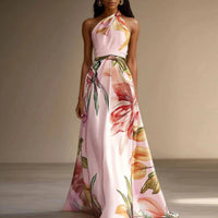 Liora | Damen Florales Neckholder Maxikleid – Floral Halter Maxi Kleid - Pink