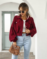Sofia | Damen Cropped Jacke mit Taschen und Knöpfen - Burgunder