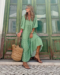 Maila | Bohemian Maxikleid - Grün/Weiß
