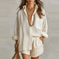 Bellmare™ Set Aus Baumwoll-Leinen Mit Weiter Bluse Und Eleganten Shorts - Apricot