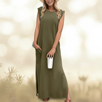 Damen Sommerkleid Maxi Rüschen Plissee - Armeegrün