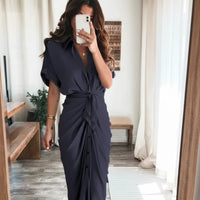 Damen Sommerkleid Taille Asymmetrischer Saum Kurzarm Kleid - Schwarzblau